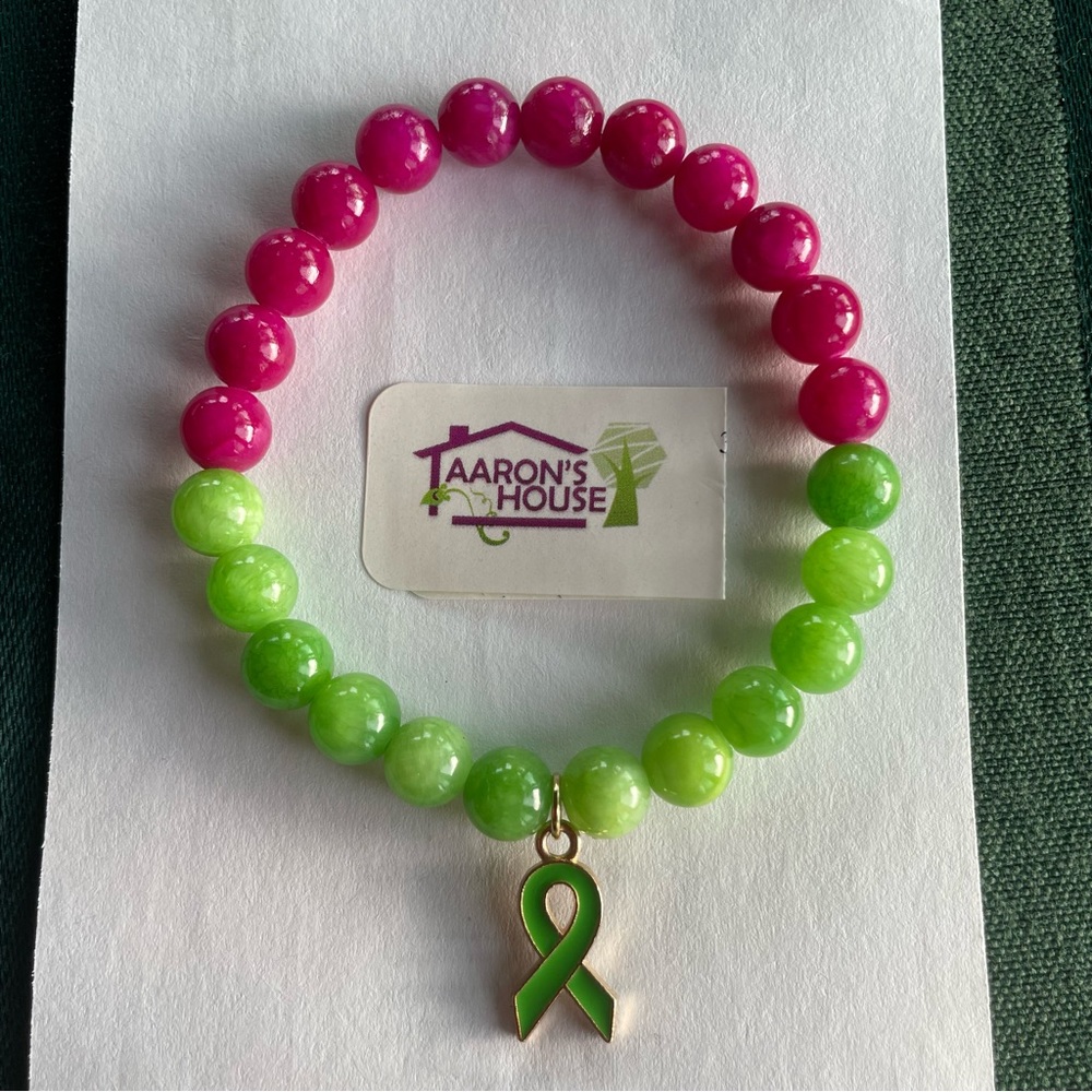Mental Heath Awareness Bracelet Painted Jade and Pink Beads ….